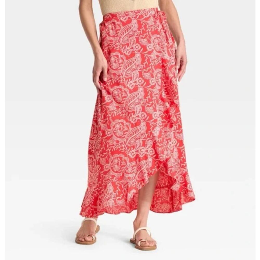 Universal Thread Red Paisley Wrap Skirt Midi Ruffle Hem Tie Waist L